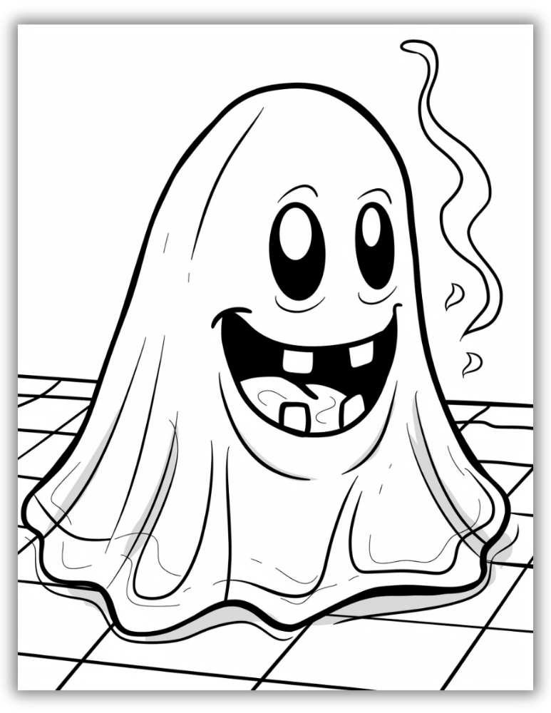 Silly Ghost coloring page printable featuring a ghost with a toothless grin