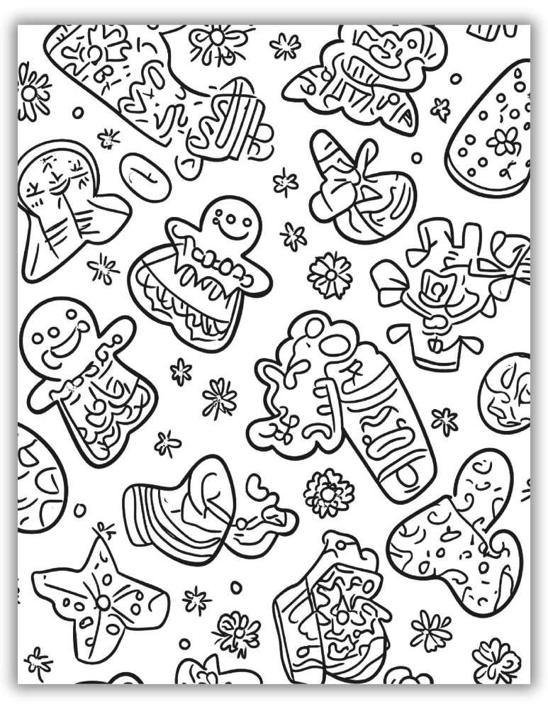 Holiday gingerbread pattern coloring page with festive cookie shapes