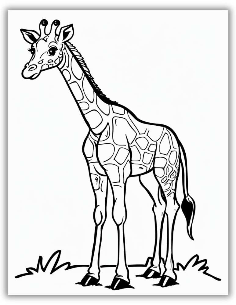 Standing giraffe coloring page on a sunny grassland background.