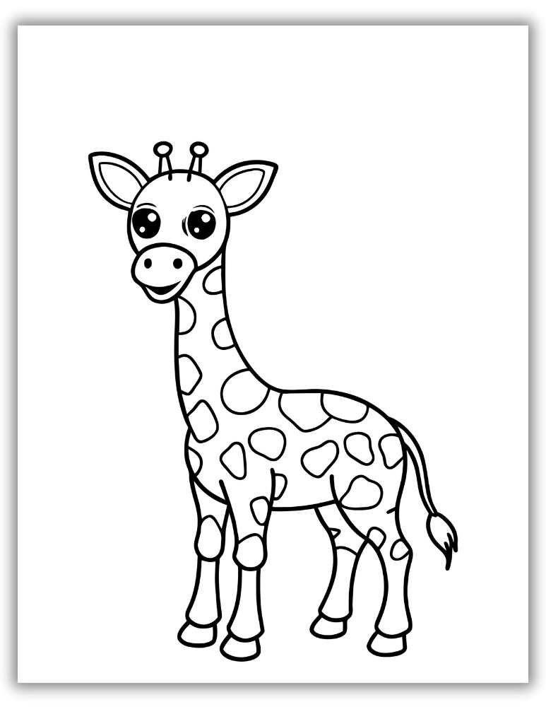 Cartoon giraffe coloring page with a playful smile and big eyes.