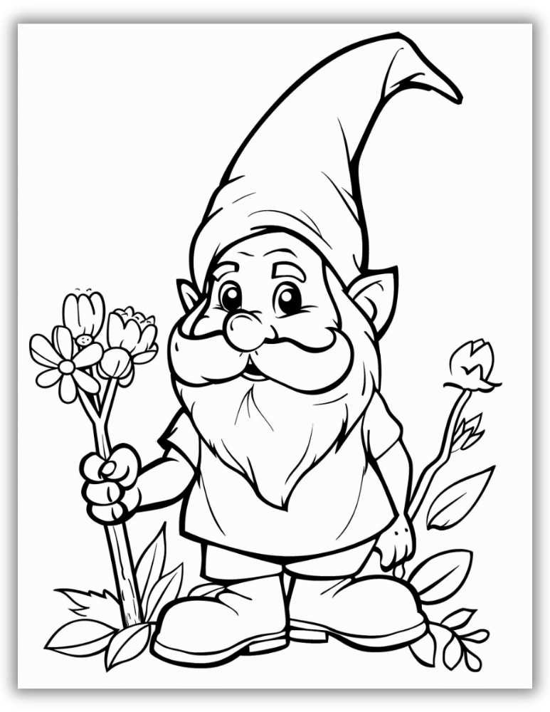 Garden gnome with flowers coloring page – great for spring fun