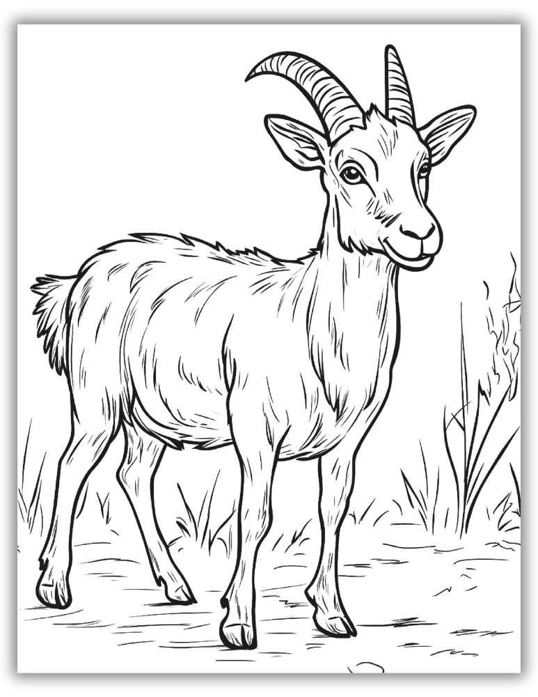 Pastoral scene goat coloring page featuring goats grazing in a meadow