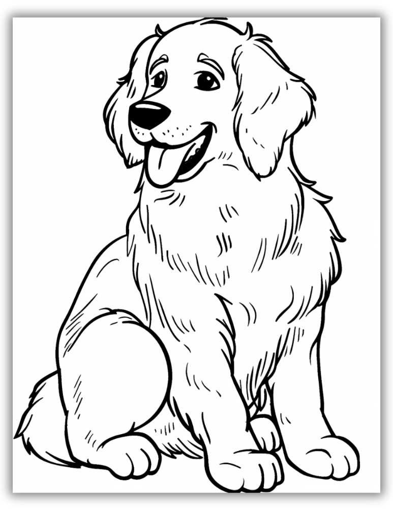 Golden Retriever sitting pretty coloring page with detailed fur lines