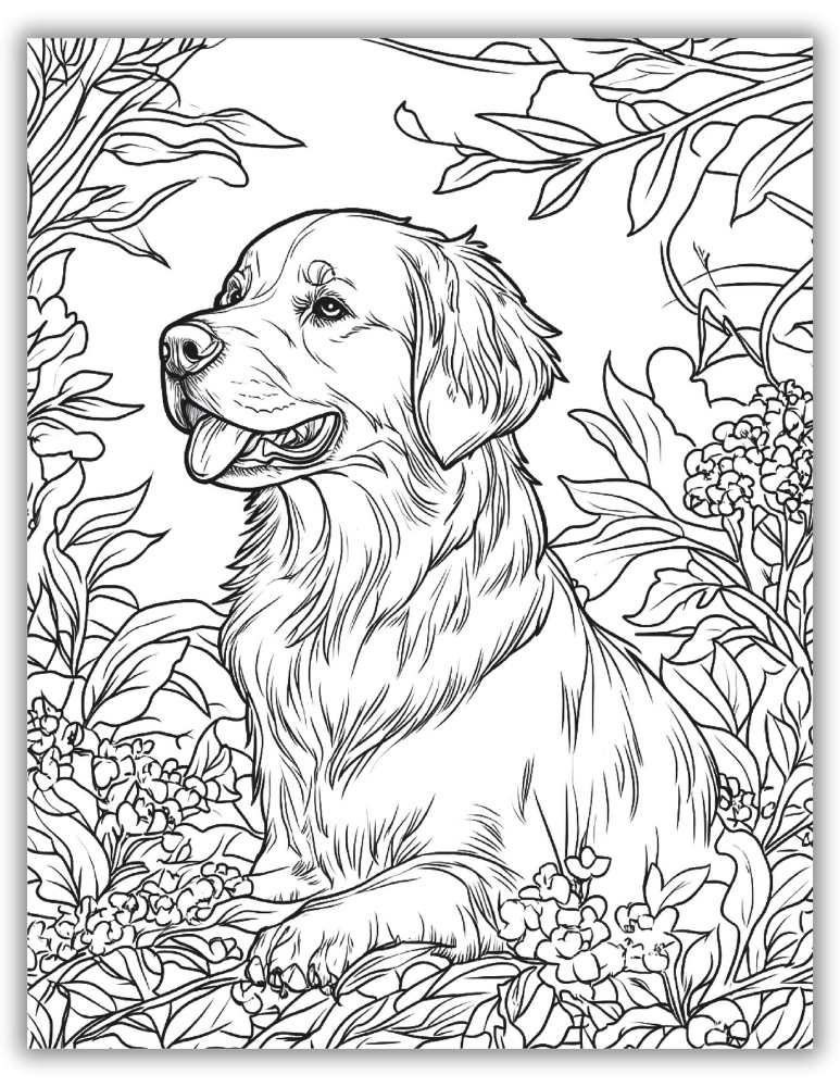 Golden Retriever in a nature scene coloring page with trees and flowers
