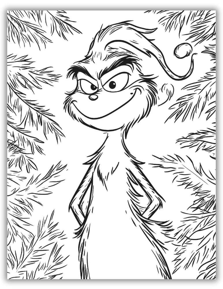 Grinch in the woods coloring page surrounded by trees and snowflakes