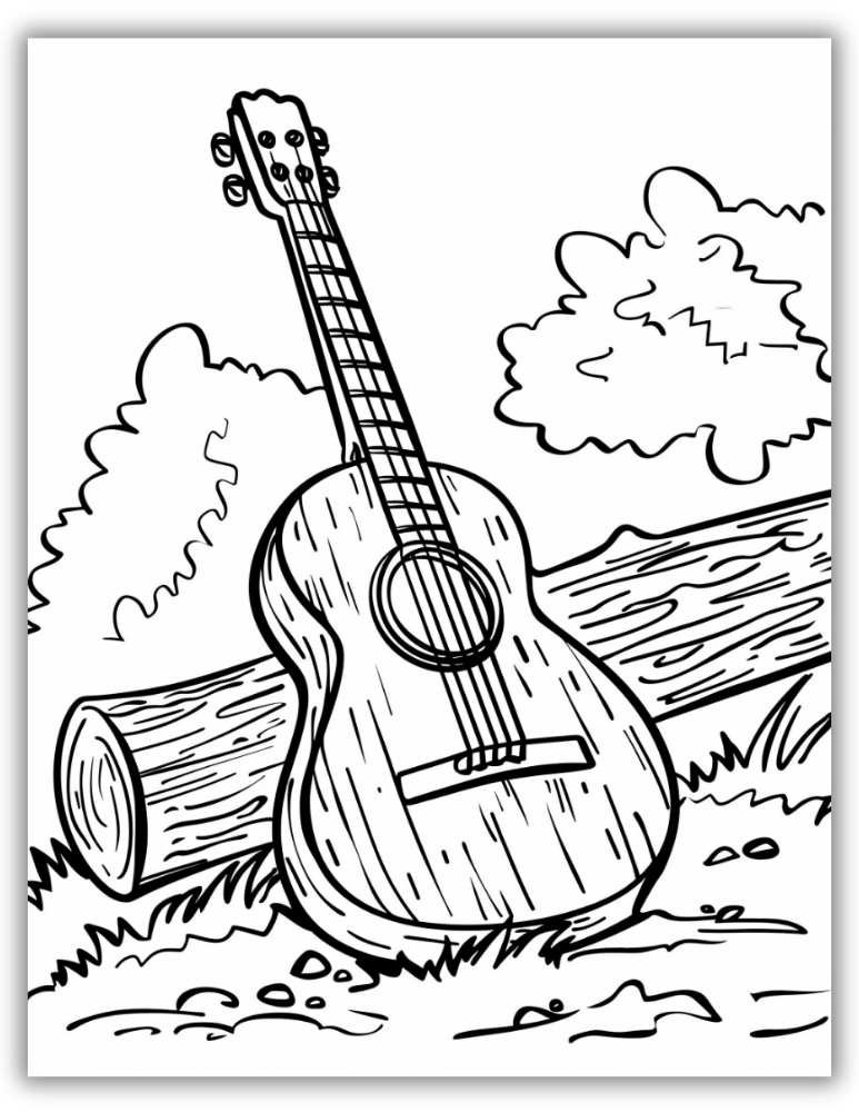 Guitar coloring page featuring an acoustic guitar leaning on a log