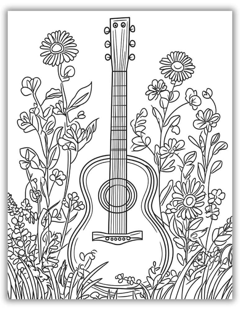 Floral fantasy guitar coloring page with intricate flowers and vines