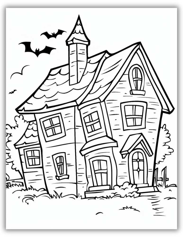 Spooky haunted house coloring page with bats flying around a creepy old mansion