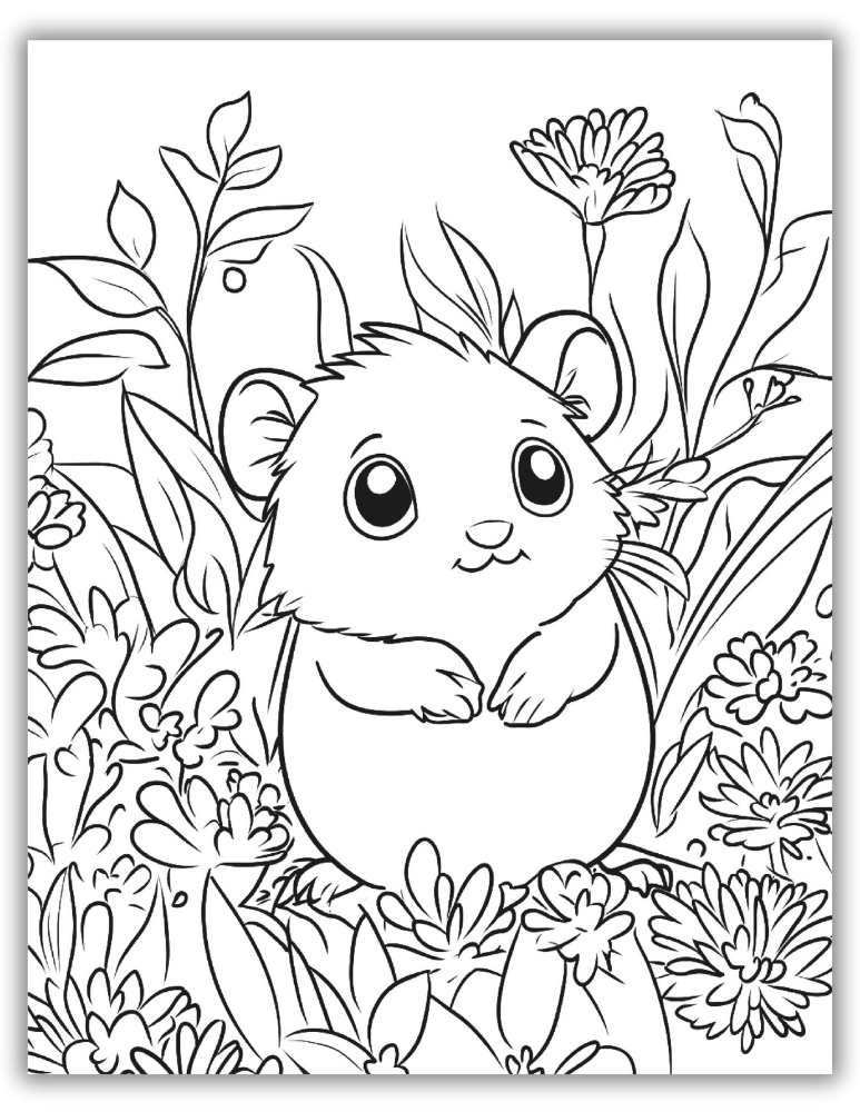 Hamster printable coloring page showing a hamster in nature with leaves and acorns