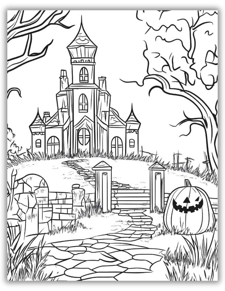 Creepy haunted mansion coloring sheet with broken windows and twisted trees