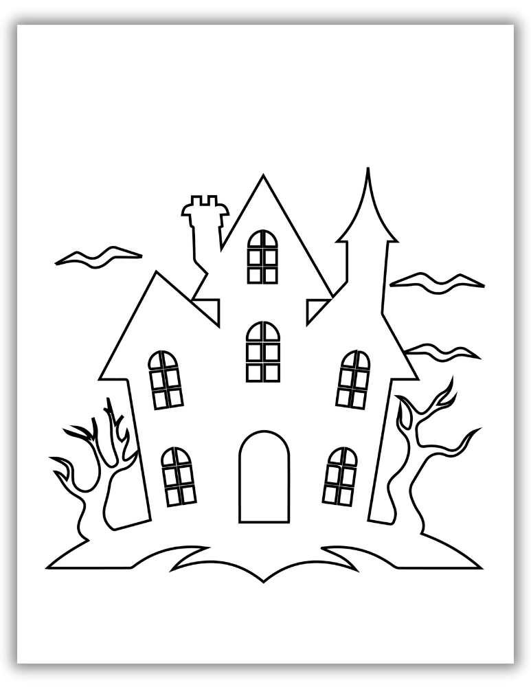 Simple Outline of Creepy Haunted Mansion Coloring Sheet