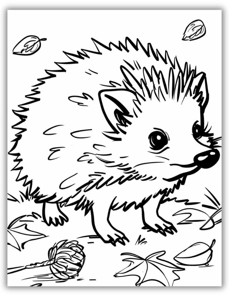 Cozy hedgehog coloring page in autumn setting with leaves and acorn
