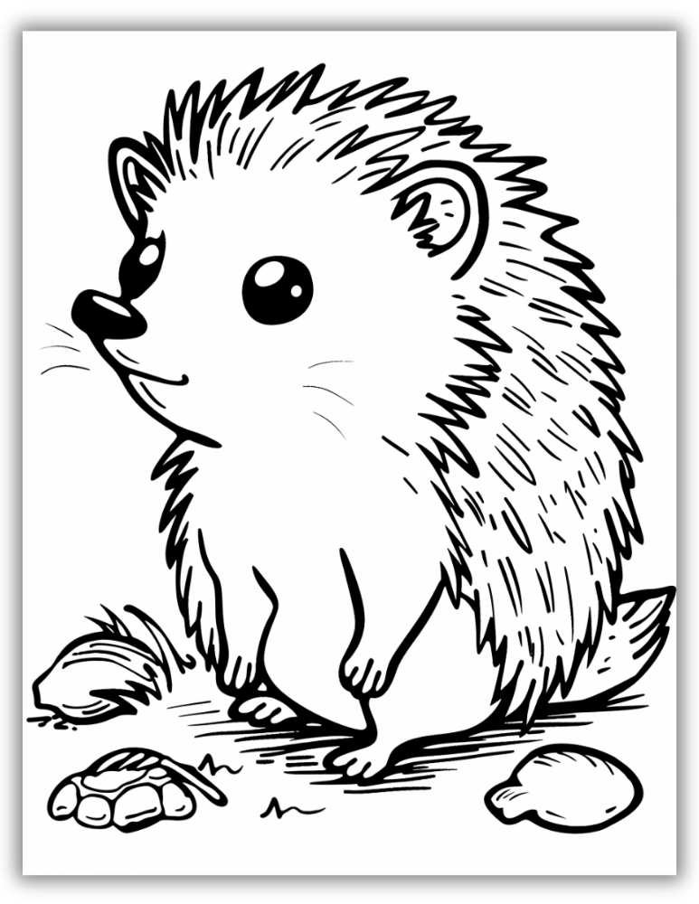 Adorable sitting hedgehog coloring page with cute expression and spines