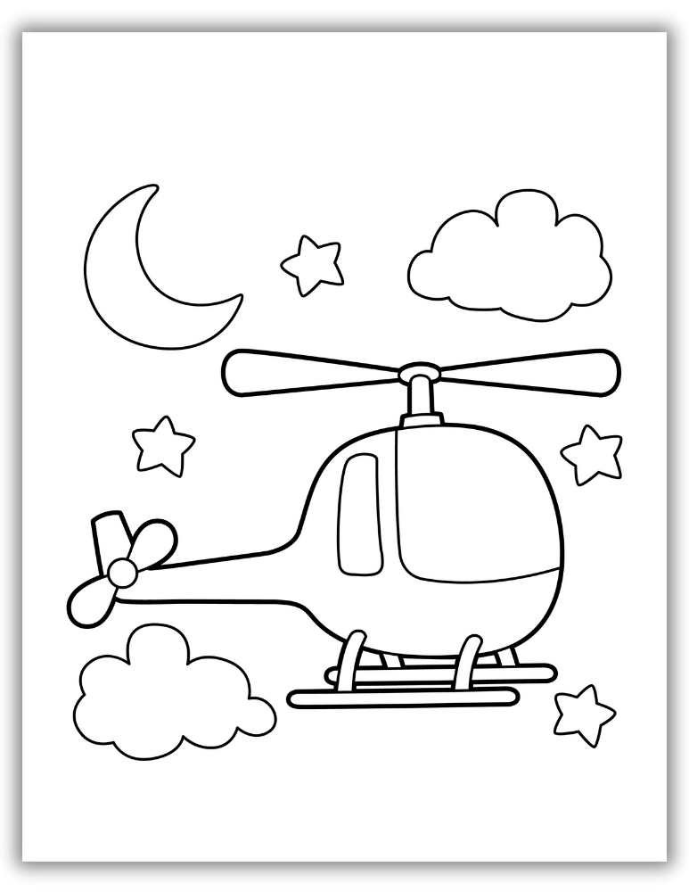 Whimsical nighttime helicopter scene coloring page with stars and moon