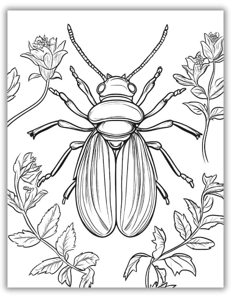 Insect and flower themed coloring page with a beetle among blossoms – printable insect art.