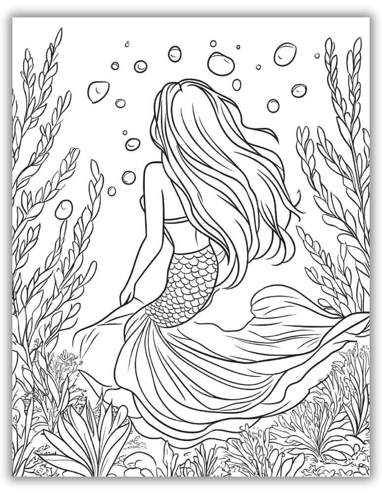 Detailed mermaid silhouette with flowing hair, seaweed, and bubbles – calming and free printable PDF coloring page for teens or adults.