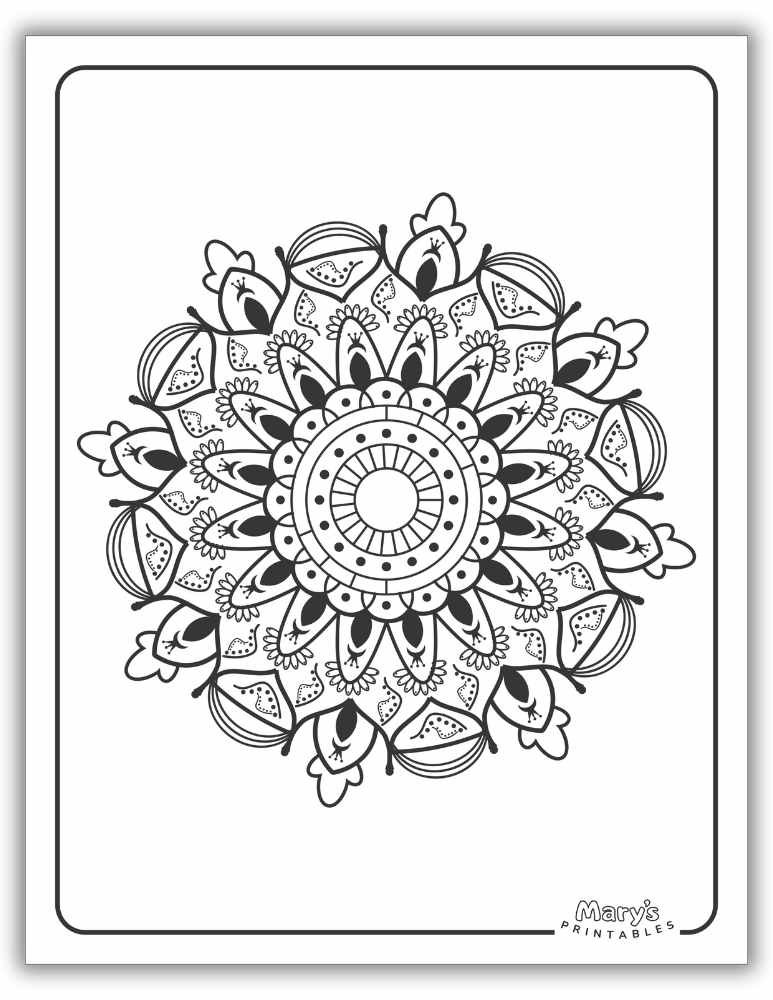 Elegant printable geometric mandala design for detailed adult coloring.