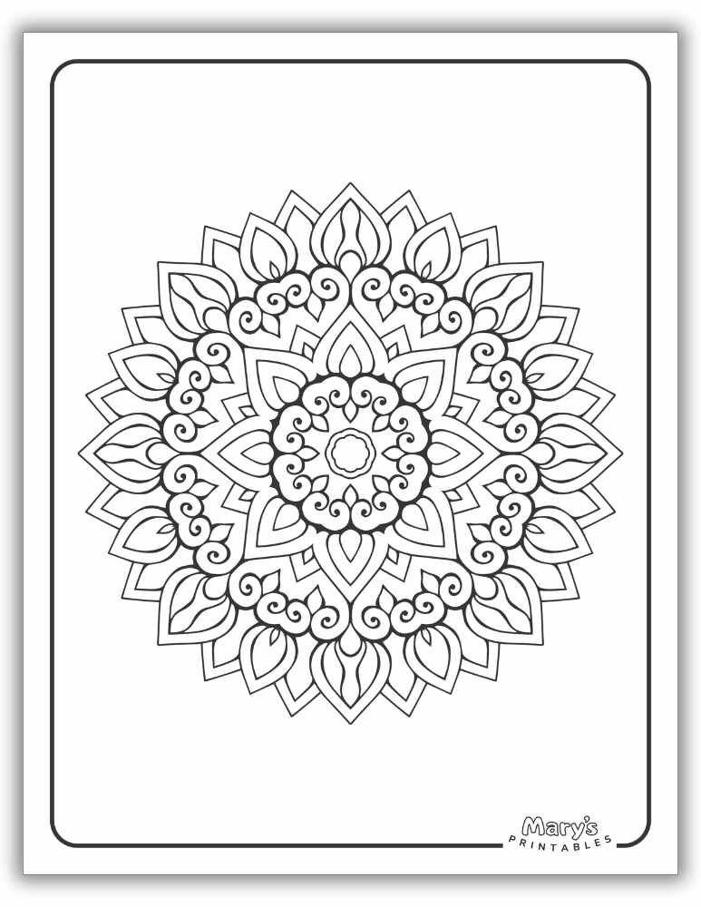 Circular printable mandala coloring page for adults with artistic geometry.