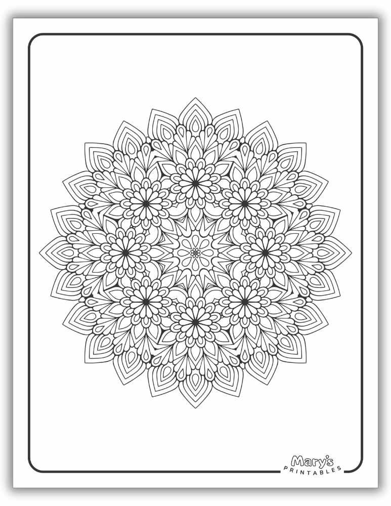 Digital geometric floral mandala coloring page available as a high-quality printable.