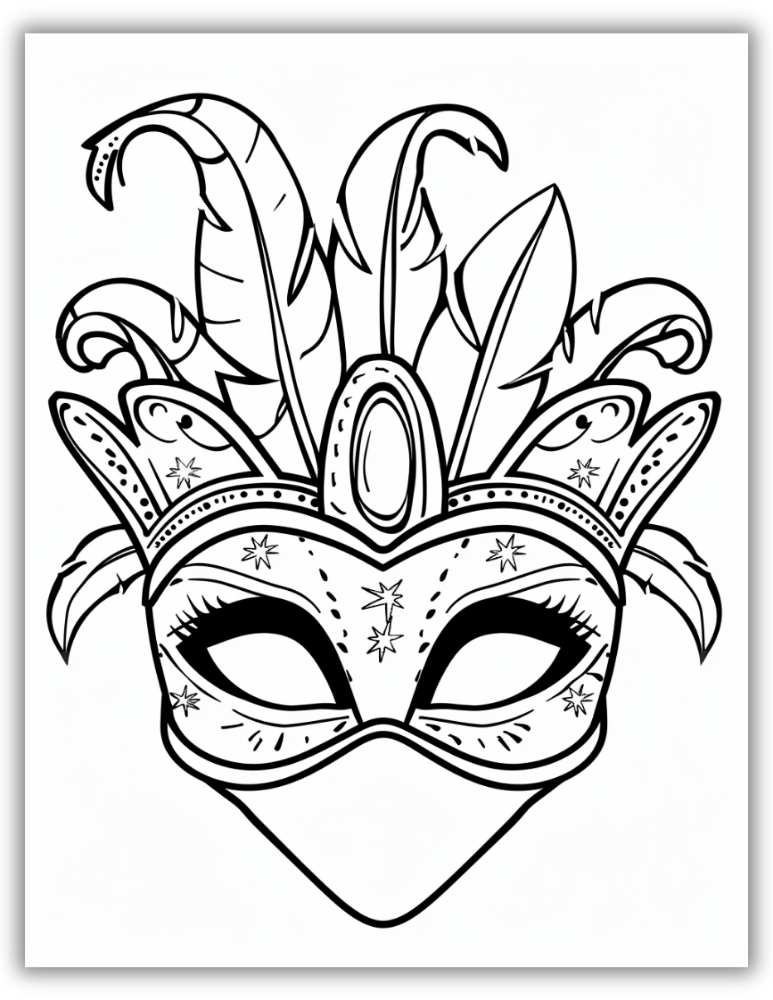 Mardi Gras coloring page featuring an ornate feathered mask with intricate patterns