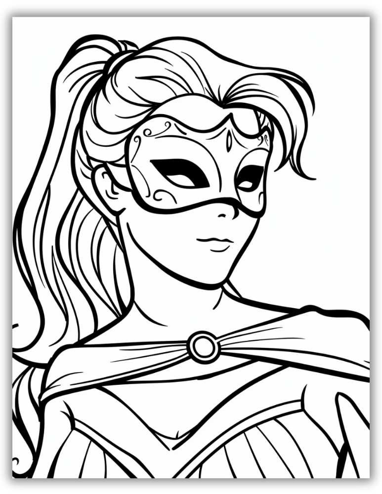 Mardi Gras coloring page featuring a person in a masquerade outfit with a flowing cape and detailed mask
