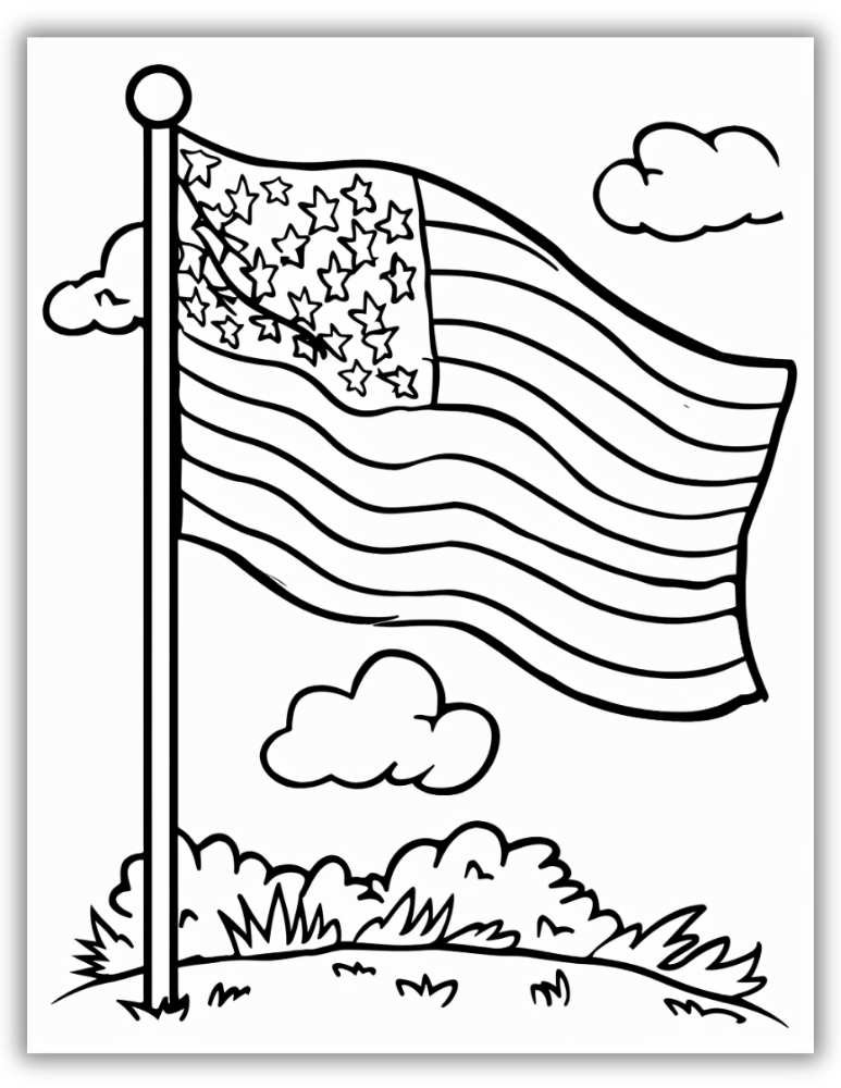 Hand-drawn American flag illustration for kids to color – high-resolution free printable PDF coloring page for Independence Day or Memorial Day.