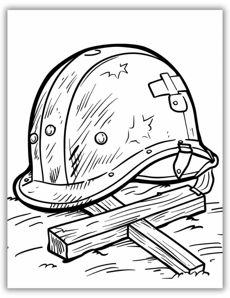 Symbolic cross and helmet memorial scene honoring fallen soldiers – free PDF printable coloring page for Memorial Day or Veterans Day.