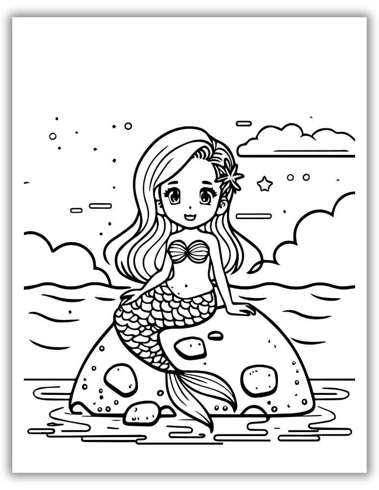 Graceful mermaid sitting on a rock with waves and sky in the background – free printable PDF coloring page for older kids who enjoy detailed ocean scenes.