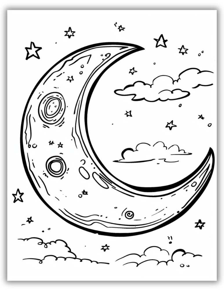 Dreamy crescent moon surrounded by stars and clouds – free printable PDF coloring page perfect for bedtime themes and calming art.
