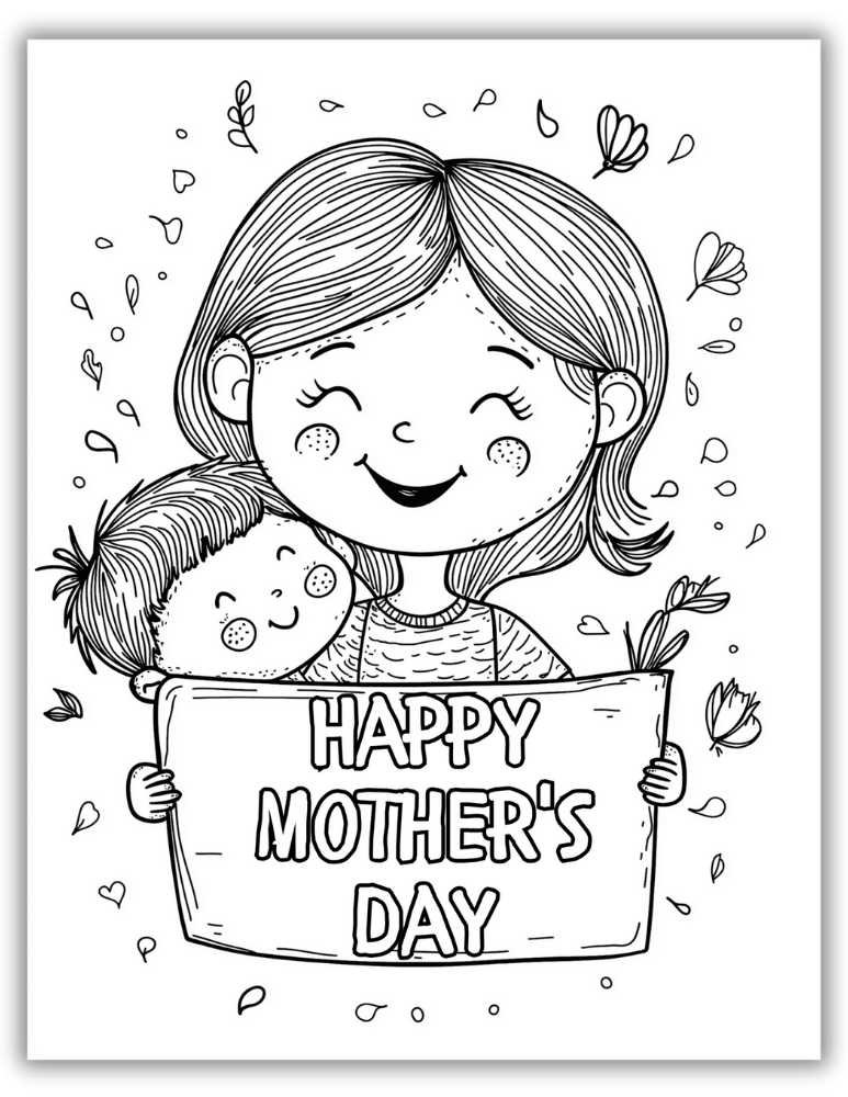 Handmade Mother's Day card coloring templates Cute Kid and Mom