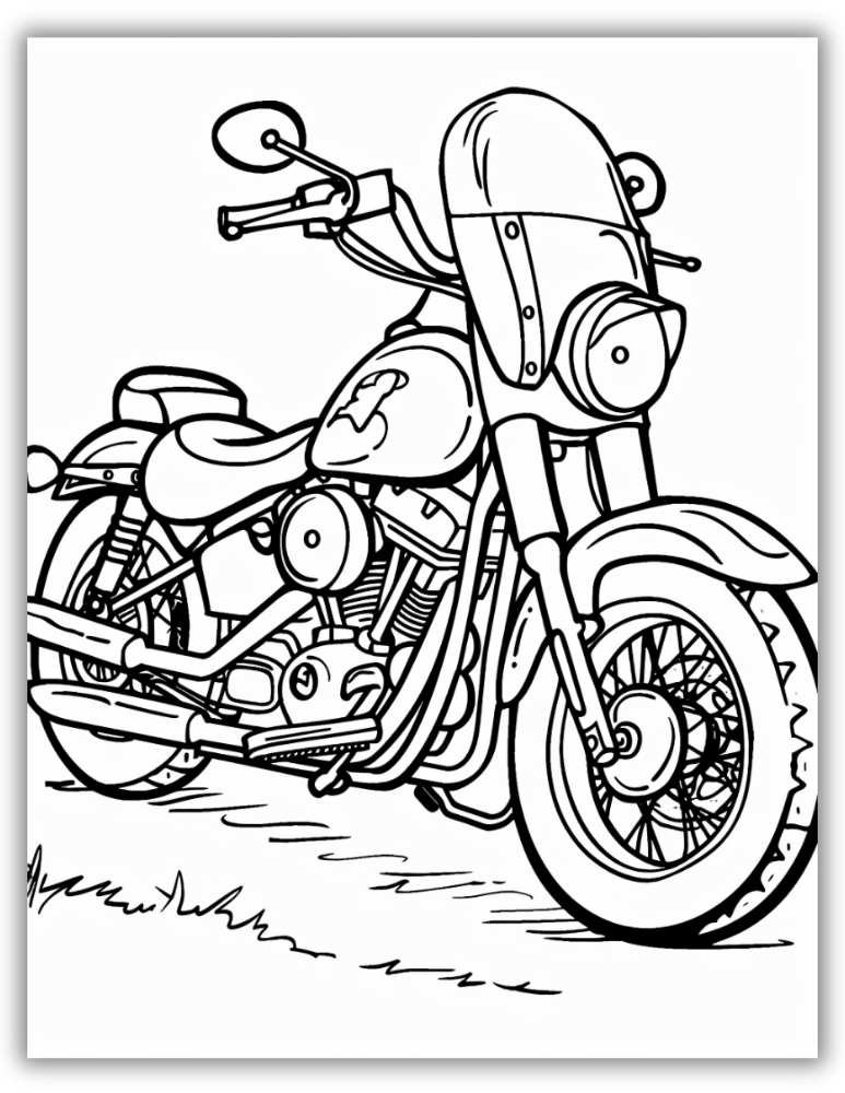 Detailed cruiser motorcycle with classic handlebars and wheels – free printable PDF coloring page perfect for motorbike fans who enjoy intricate designs.