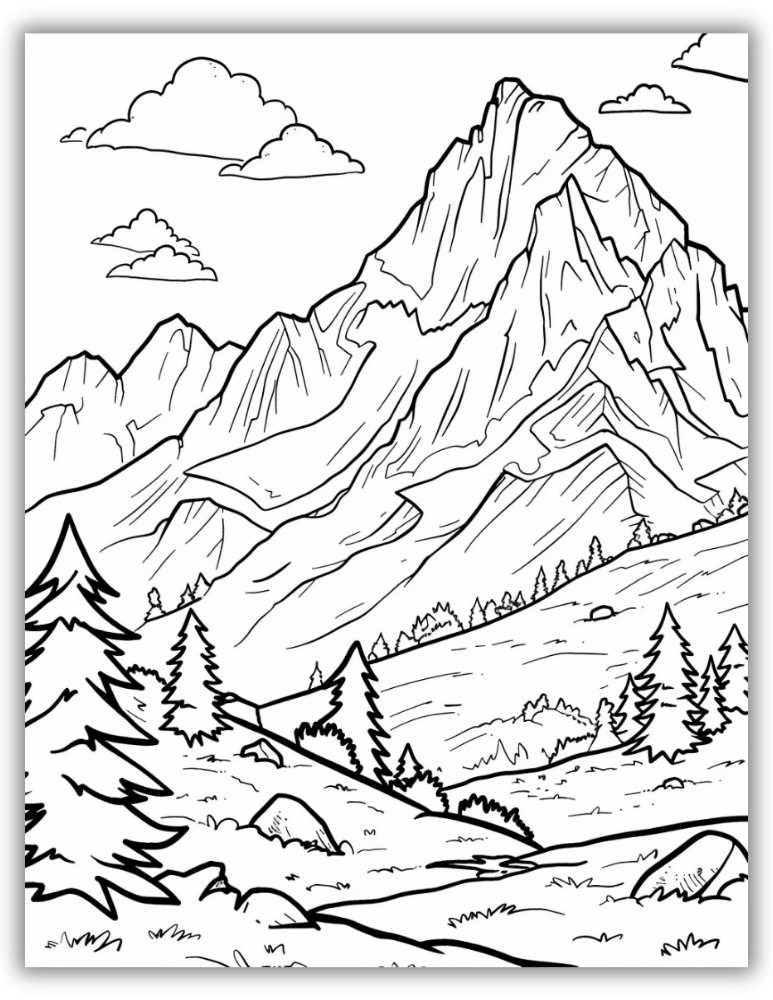Snowy mountain peaks overlooking a green valley – free printable PDF coloring page with peaceful natural scenery.