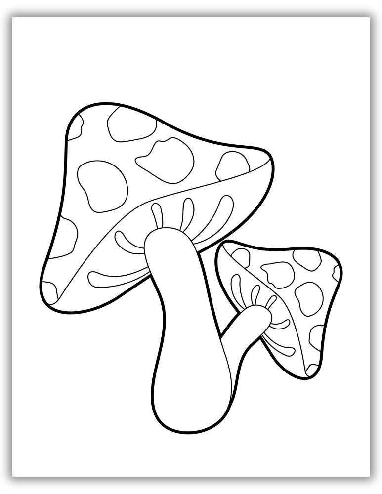Group of cute, smiling cartoon mushrooms with happy faces and rounded caps – free printable PDF coloring page for young children.