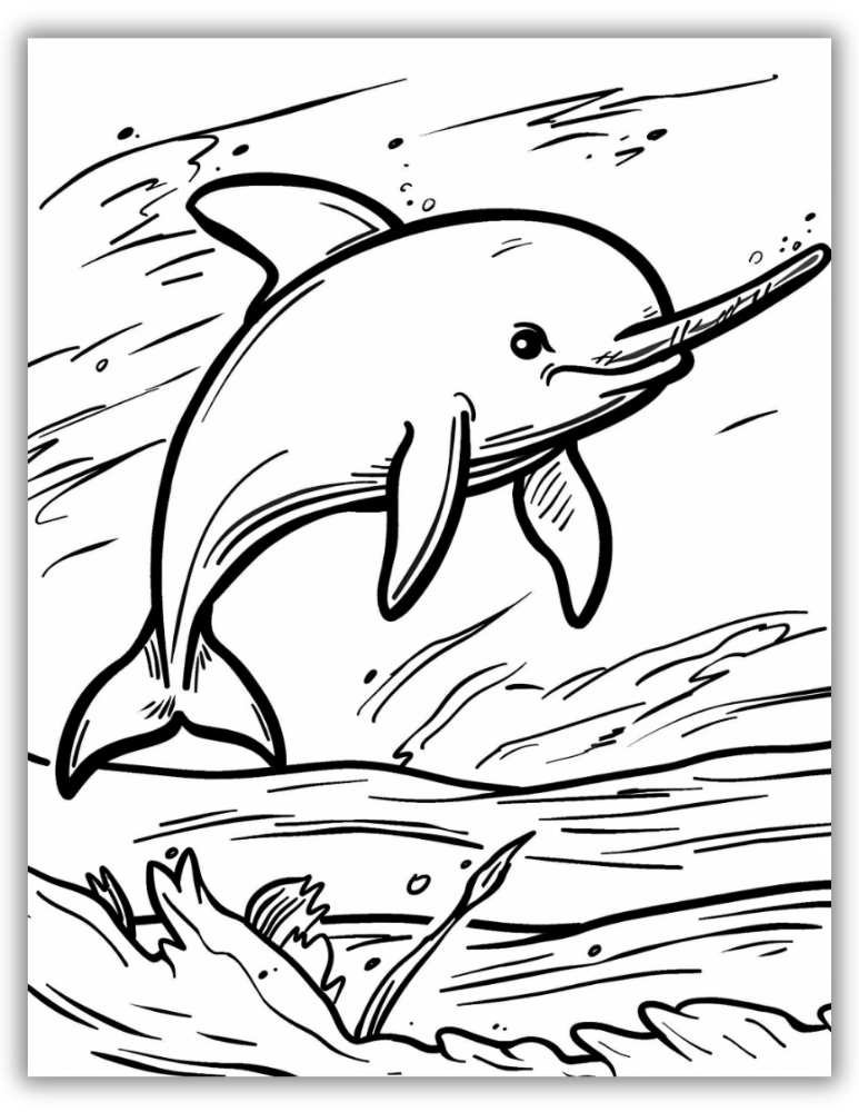 Elegant narwhal swimming through bubbles and calm waves &ndash; free printable PDF coloring page with a simple and charming underwater scene.