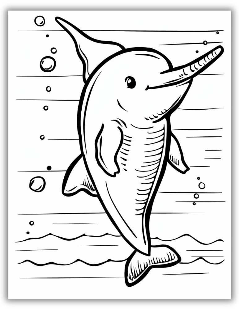 Detailed narwhal illustration swimming through ocean waves &ndash; free printable PDF coloring page for older kids and adults who enjoy realistic sea life designs.