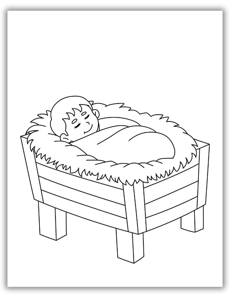 Simple and peaceful illustration of baby Jesus in a wooden manger – free printable PDF nativity coloring page for young children.