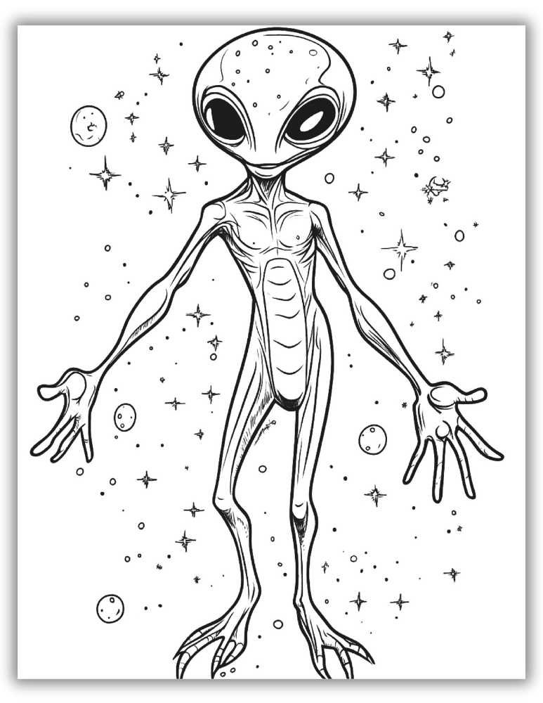 Realistic Alien With Stars Coloring Page Printable