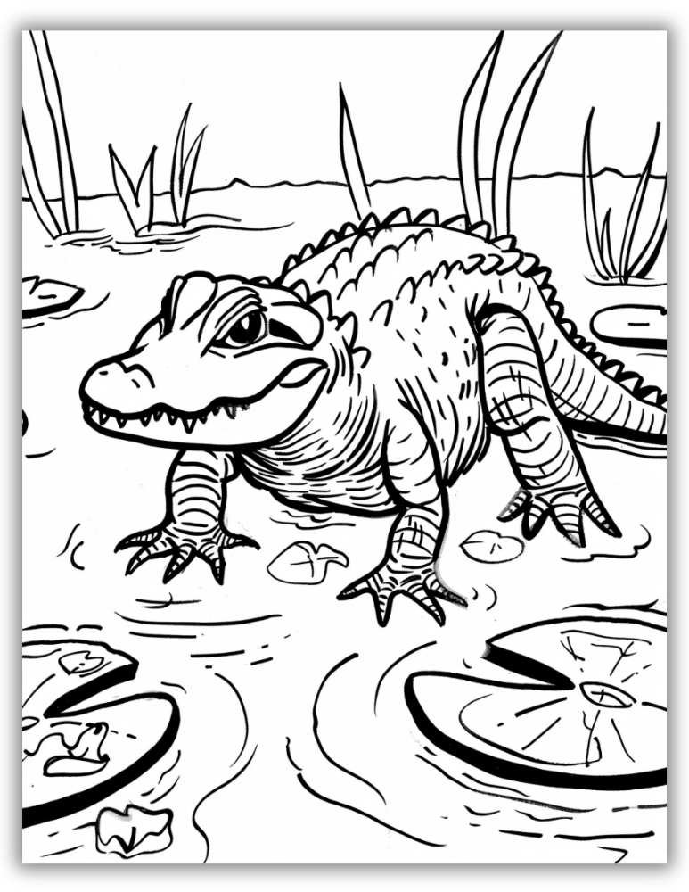 Swamp-Themed Alligator or Crocodile Coloring Page PDF