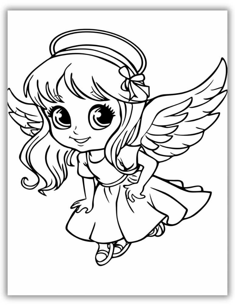 Cartoon Angel With Wings and Big Eyes Coloring Page PDF