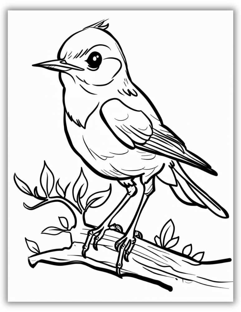 Cute bird coloring page showing a small, cheerful bird peeking out from a tree trunk.