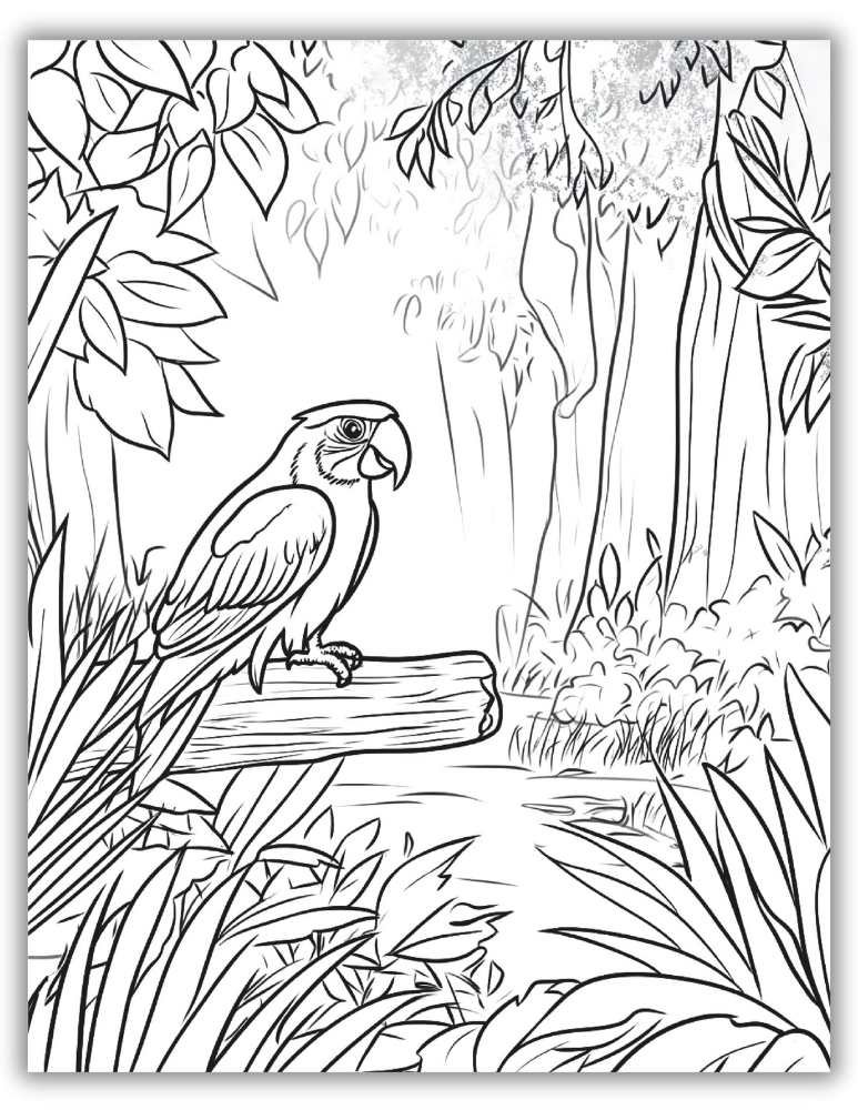 Forest bird coloring page featuring a peaceful woodland scene with birds among trees.