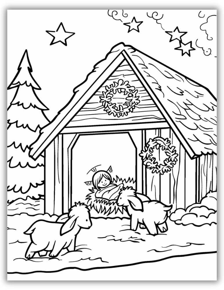 Rustic nativity stable scene with animals, wreaths, and a cozy manger – free printable PDF coloring page celebrating the charm of the first Christmas.