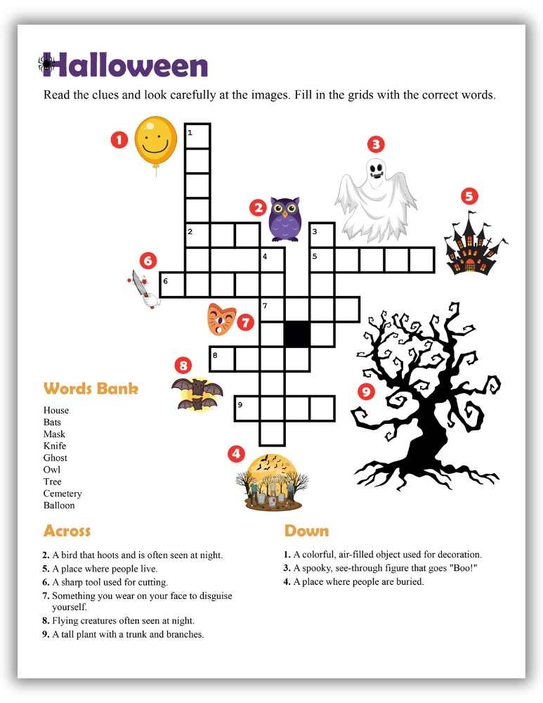Easy Halloween crossword worksheet printable