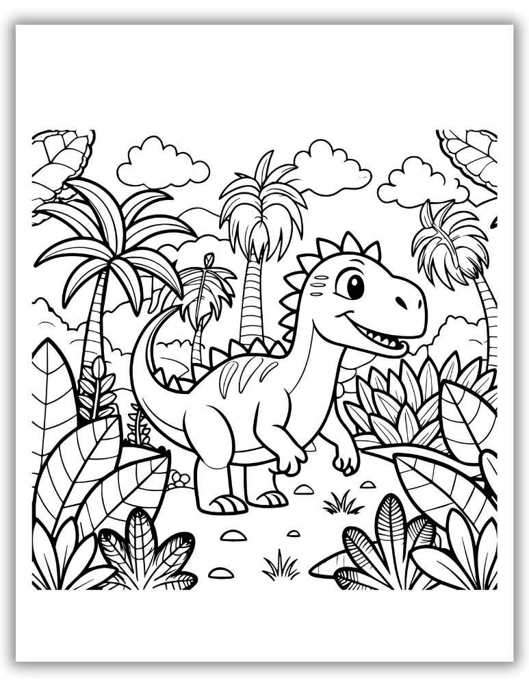 Cute dinosaur coloring page in forest