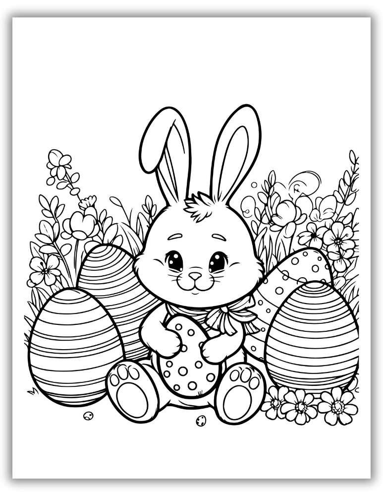 Free large Easter eggs with bunny in the center coloring pages to print