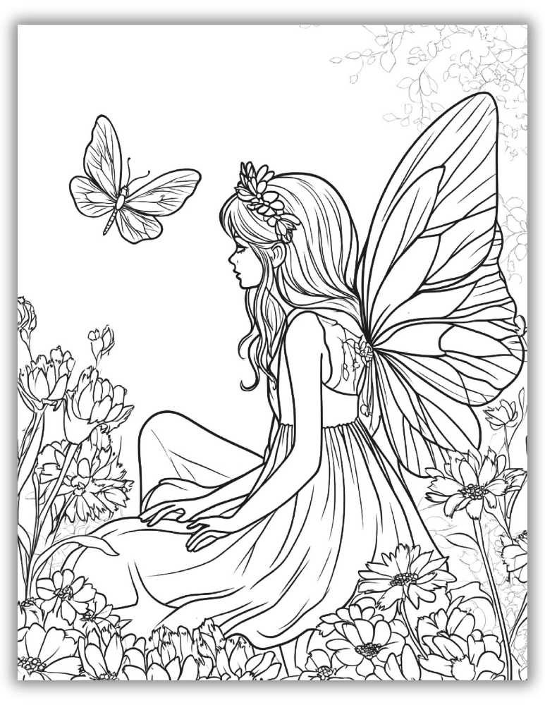 Fairy in the Flower Field Coloring Page Free Download
