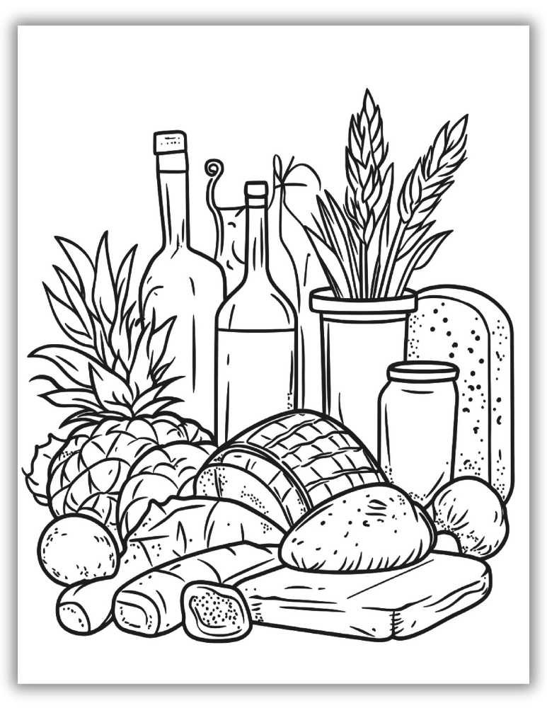 printable food coloring page with assorted foods in a still life style