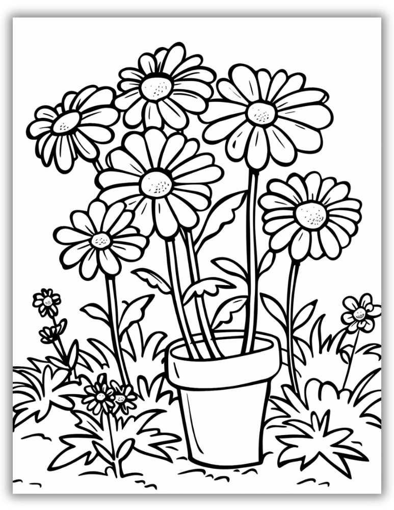 Flowers in a pot Coloring Page Free Download