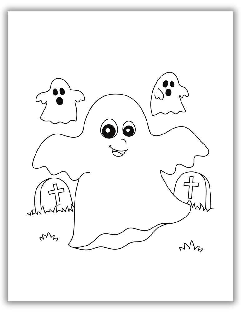 Graveyard Ghost Party coloring page printable with playful ghost characters at a graveyard