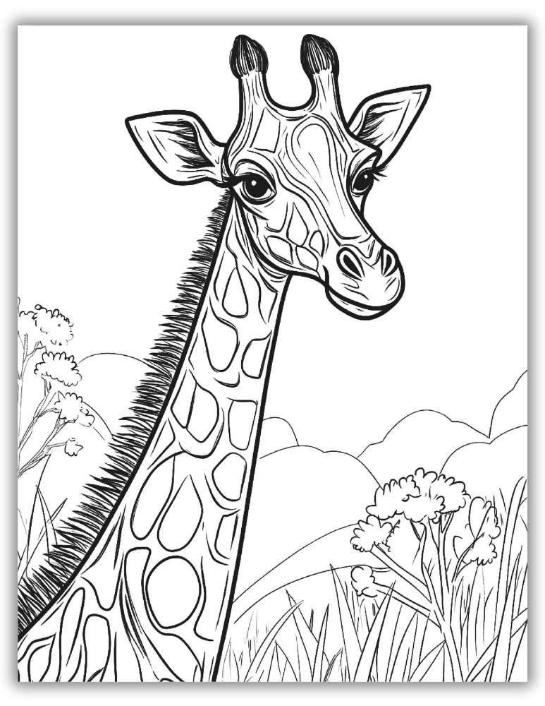 Close-up giraffe coloring page focusing on the face and details.